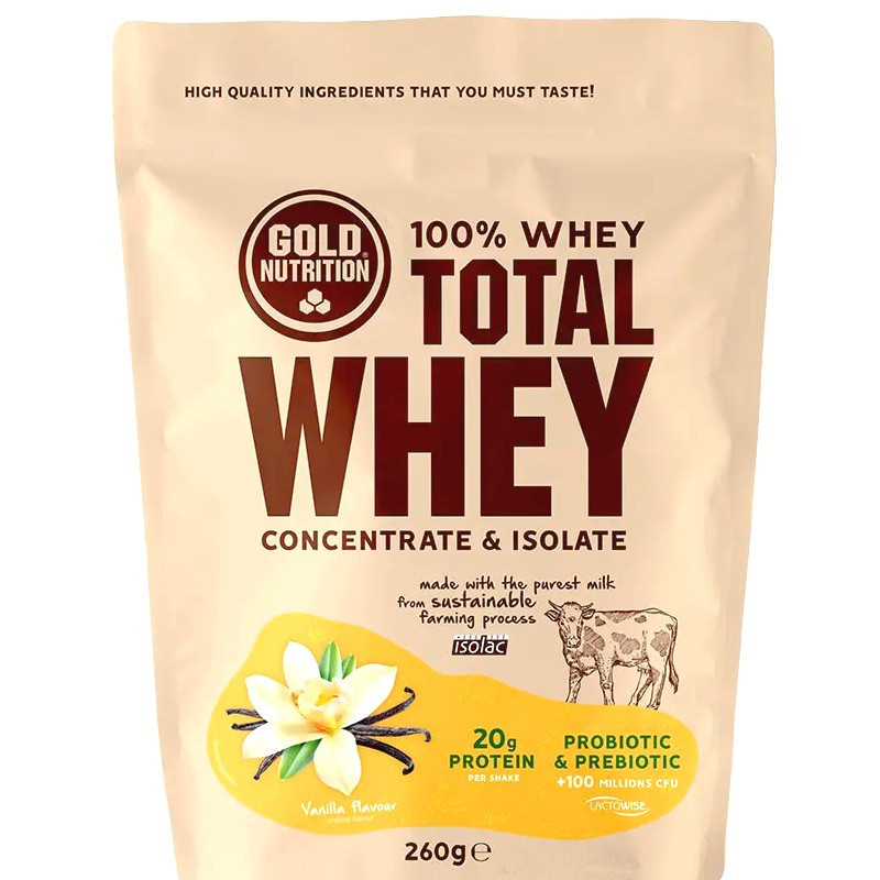 Whey Vanilla Total Shake, aliment fonctionnel pour les athlètes, Goldnutrition